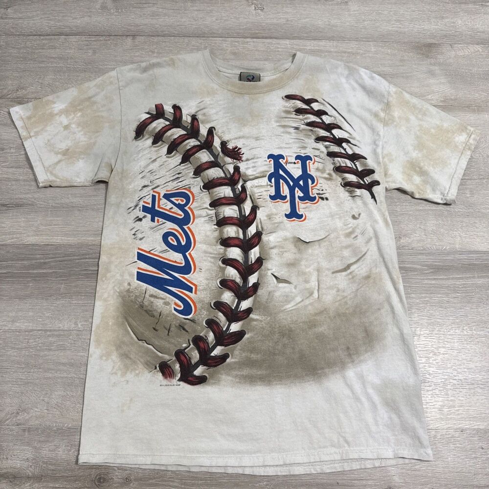 New York Mets Baseball Shirt Liquid Blue Men’s Large Beige Tie Dye